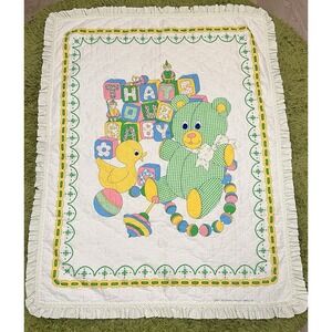 Vintage That's Our Baby Baby Quilted Blanket 80's Crib Quilt 47"x37"